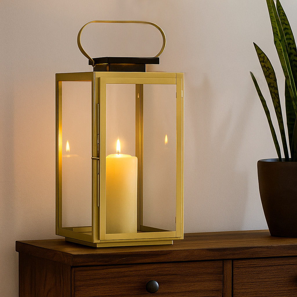 Modern Decorative Metal & Glass Lantern- Gold