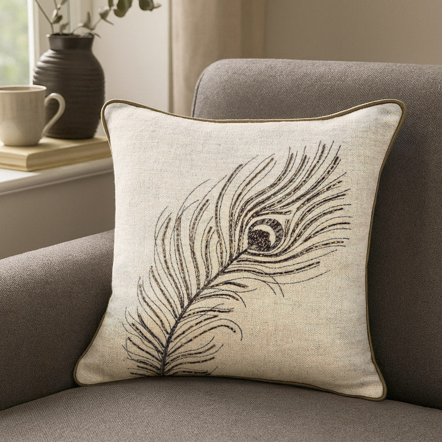 Moorpankh Pattern Fabric Cushion Cover- Beige and Gold