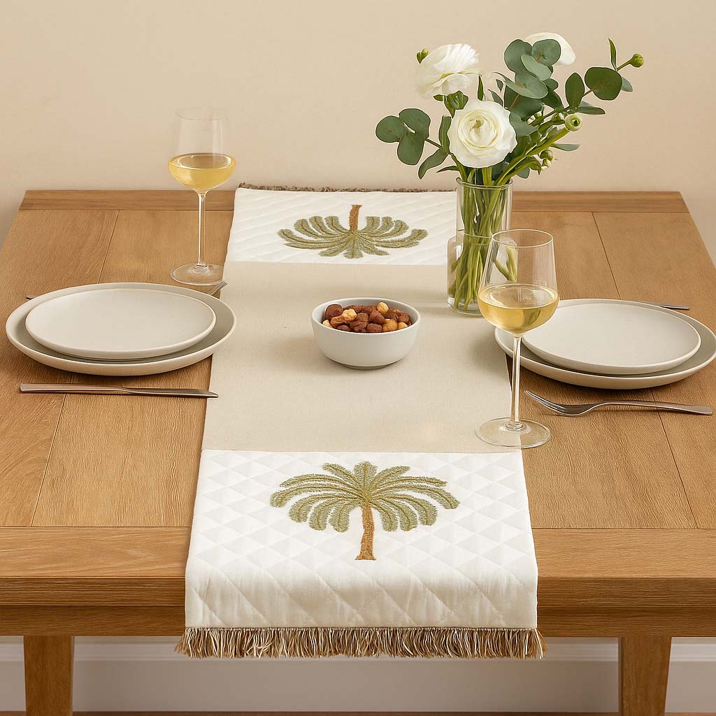 Palm Tree Embroidery Cotton Table Runner Small- Beige and Brown