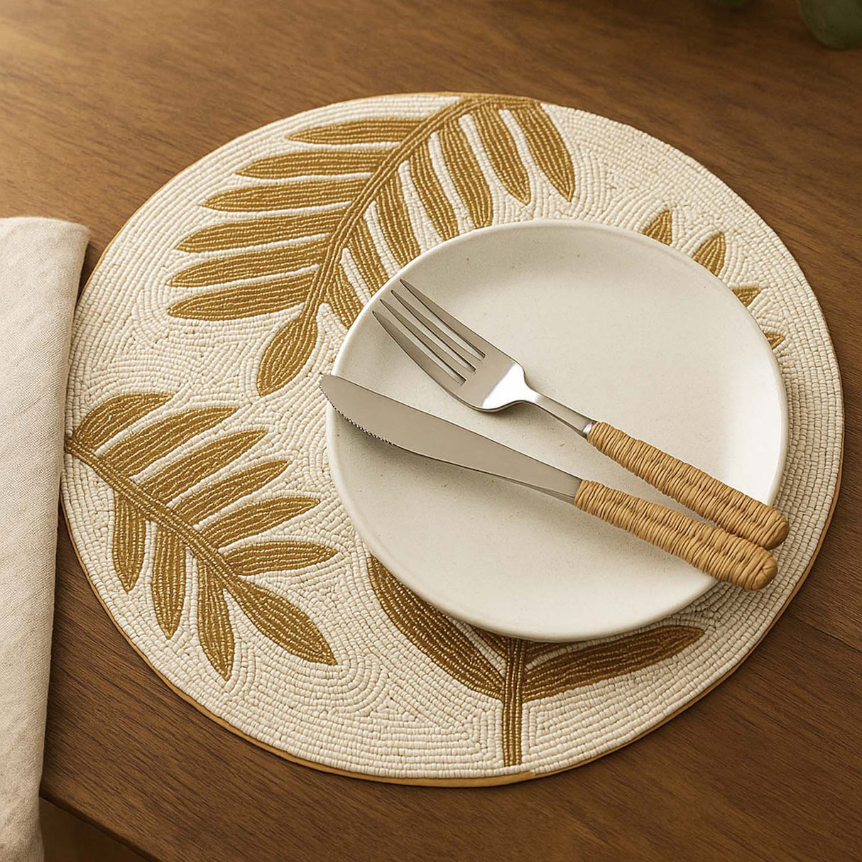 Leaf Beaded Round Polyester Table Placemat- Gold