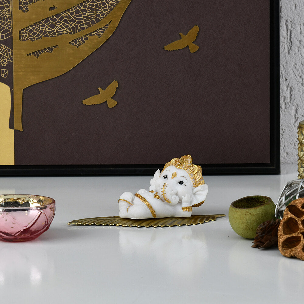 Nilkamal Ganesha On Leaf Polyresin Showpiece (White & Gold) - 02