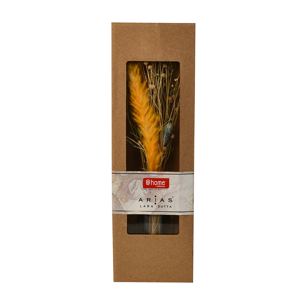 Arias by Lara Dutta Decorative Glass Vase with Dry Flowers- Transparent & Yellow