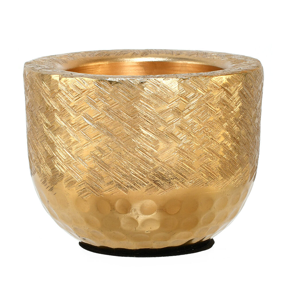 Decorative Criss Cross Textured Round Metal Votive- Gold