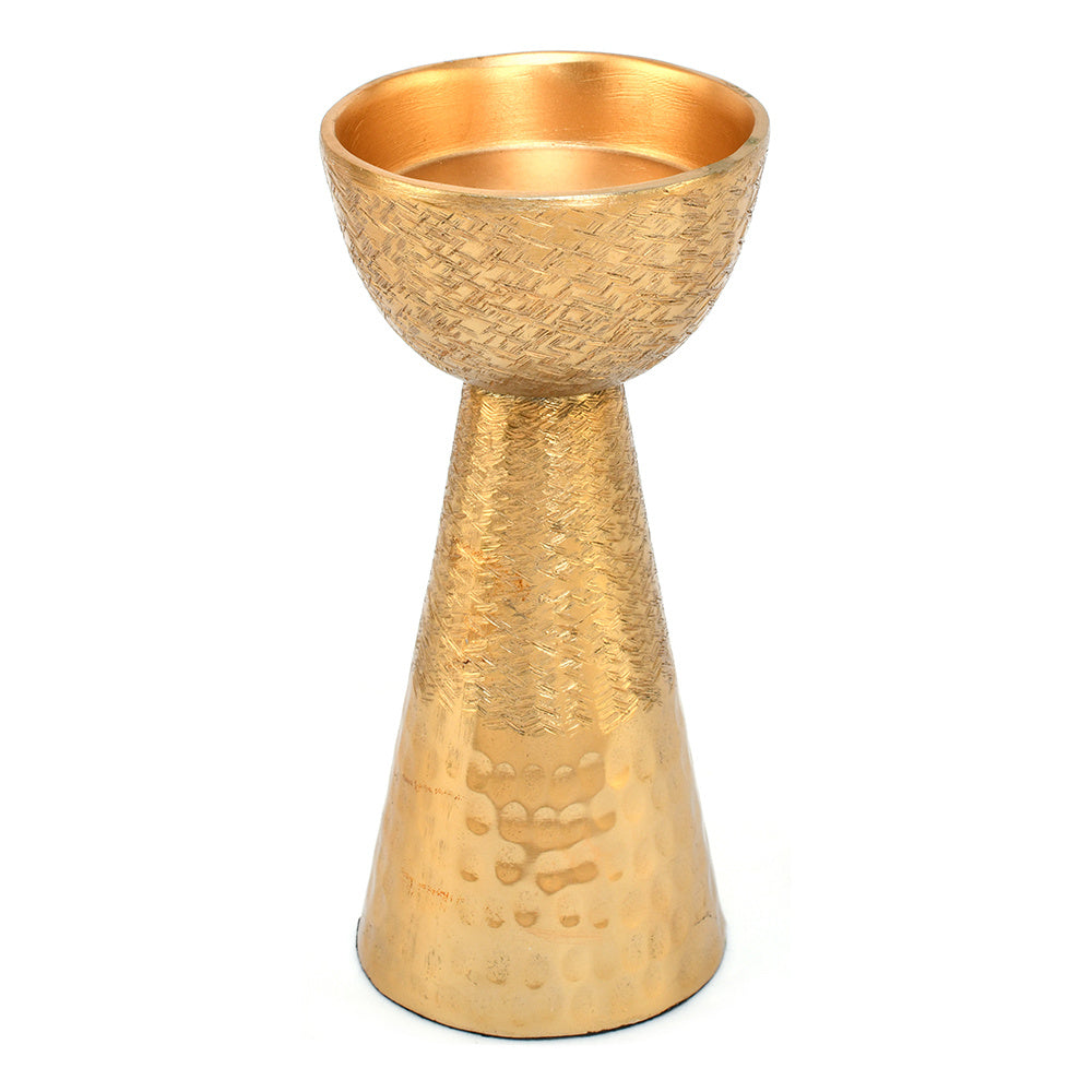 Decorative Criss Cross Textured Metal Candle Holder Small- Gold