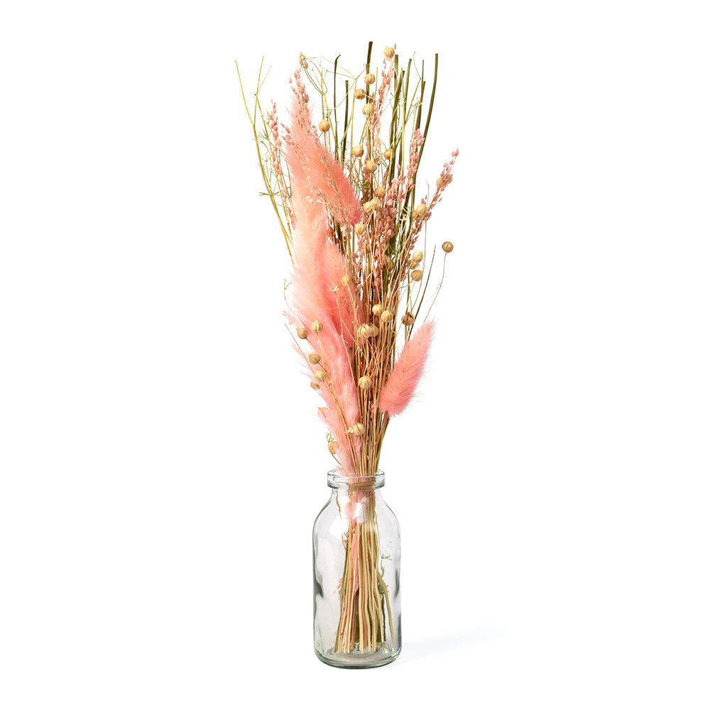 Arias by Lara Dutta Decorative Glass Vase with Dry Flowers- Transparent & Pink