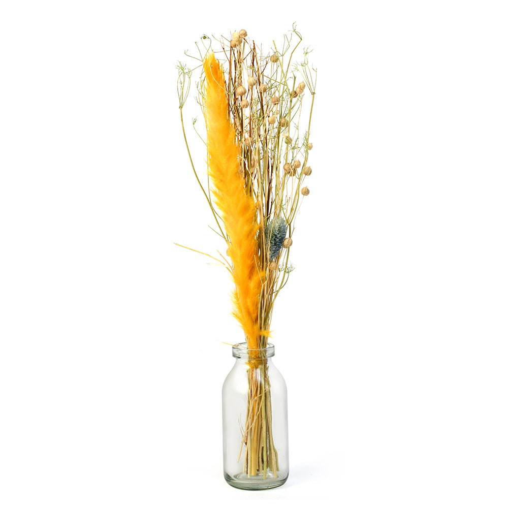 Arias by Lara Dutta Decorative Glass Vase with Dry Flowers- Transparent & Yellow