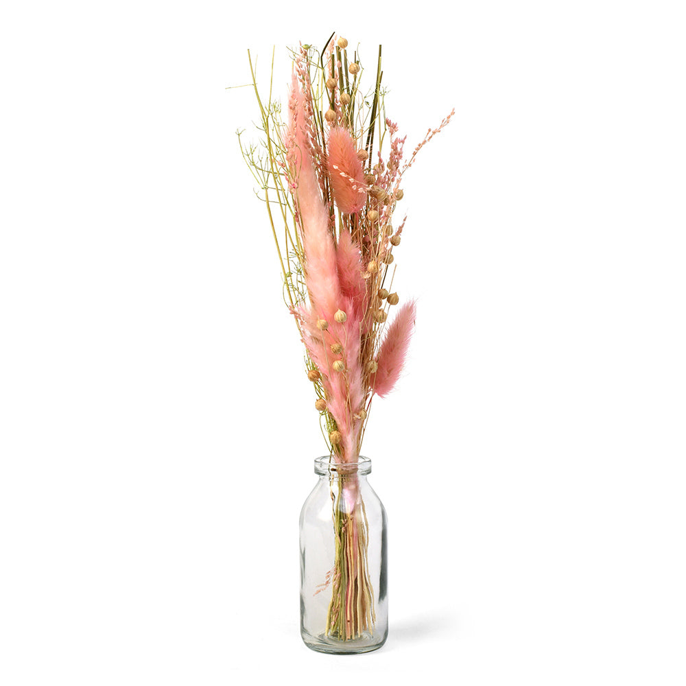 Arias by Lara Dutta Decorative Glass Vase with Dry Flowers- Transparent & Pink