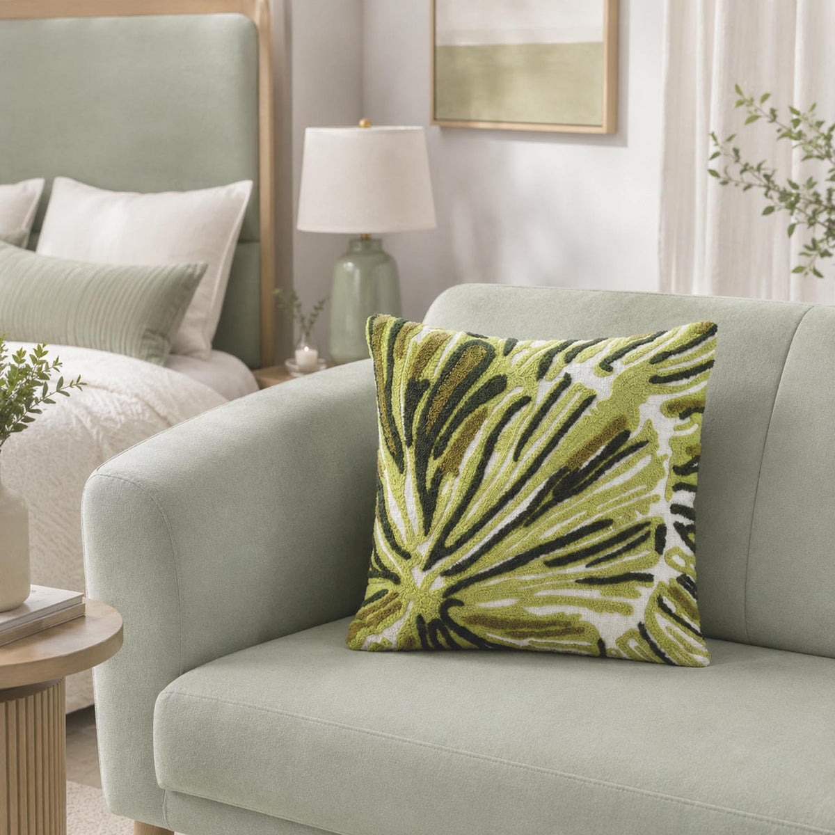 Leaf Radiance Embroidered 16" x 16" Cushion Cover- Green