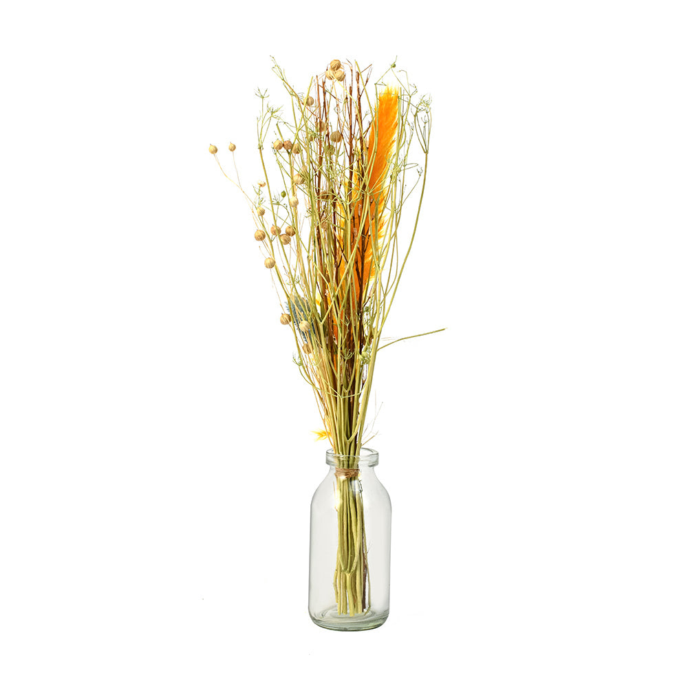 Arias by Lara Dutta Decorative Glass Vase with Dry Flowers- Transparent & Yellow