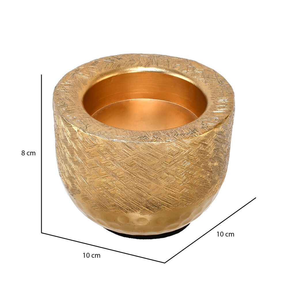 Decorative Criss Cross Textured Round Metal Votive- Gold