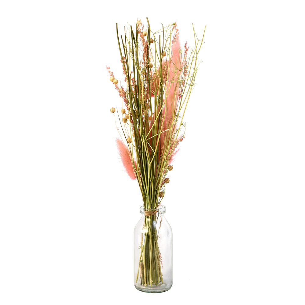 Arias by Lara Dutta Decorative Glass Vase with Dry Flowers- Transparent & Pink