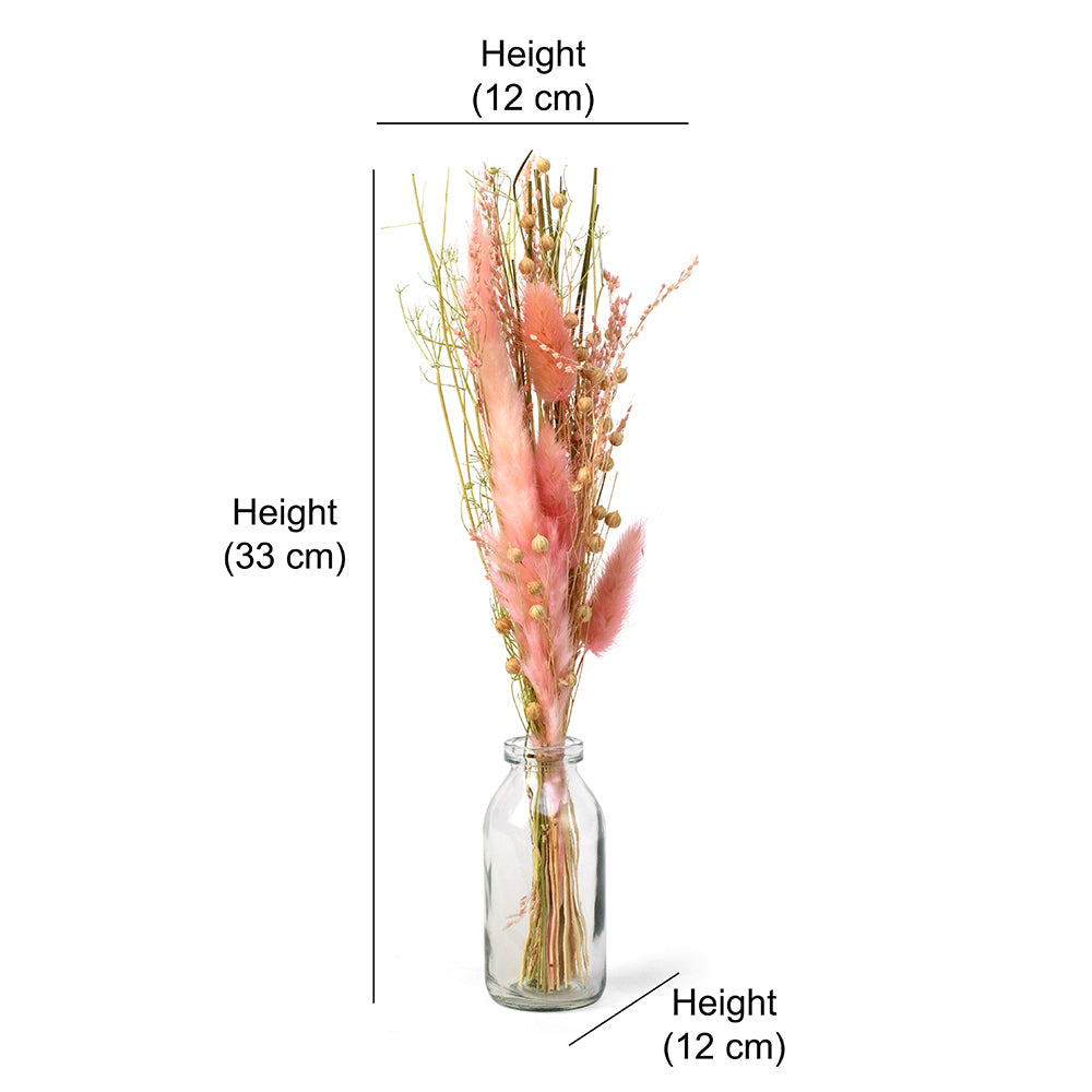 Arias by Lara Dutta Decorative Glass Vase with Dry Flowers- Transparent & Pink