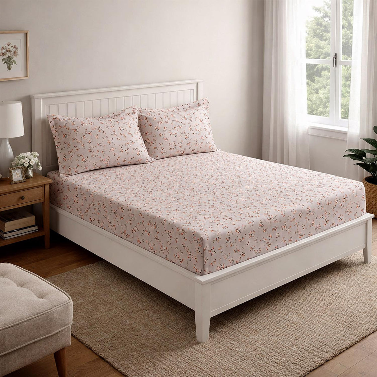 Floral Polyester Queen Bedsheet with Pillow Covers- Multicolor