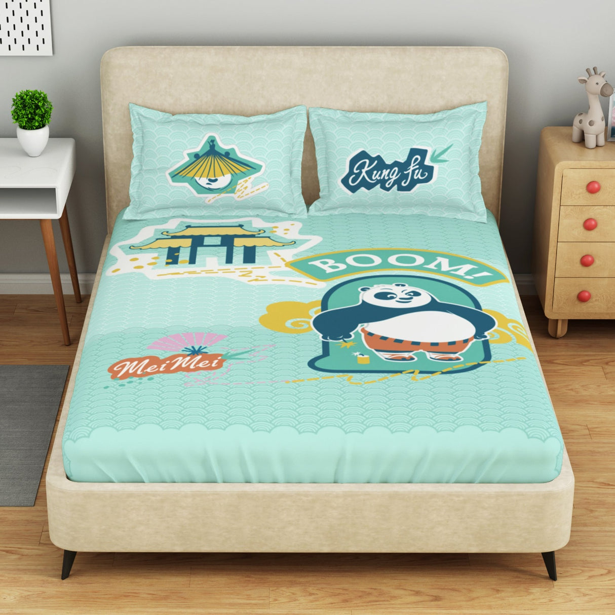 Spaces Universal Kung Fu Panda 100% Cotton 132 TC Kids Large Bedsheet with 2 Pillow Covers - 274 x 274 cm, Light Aqua