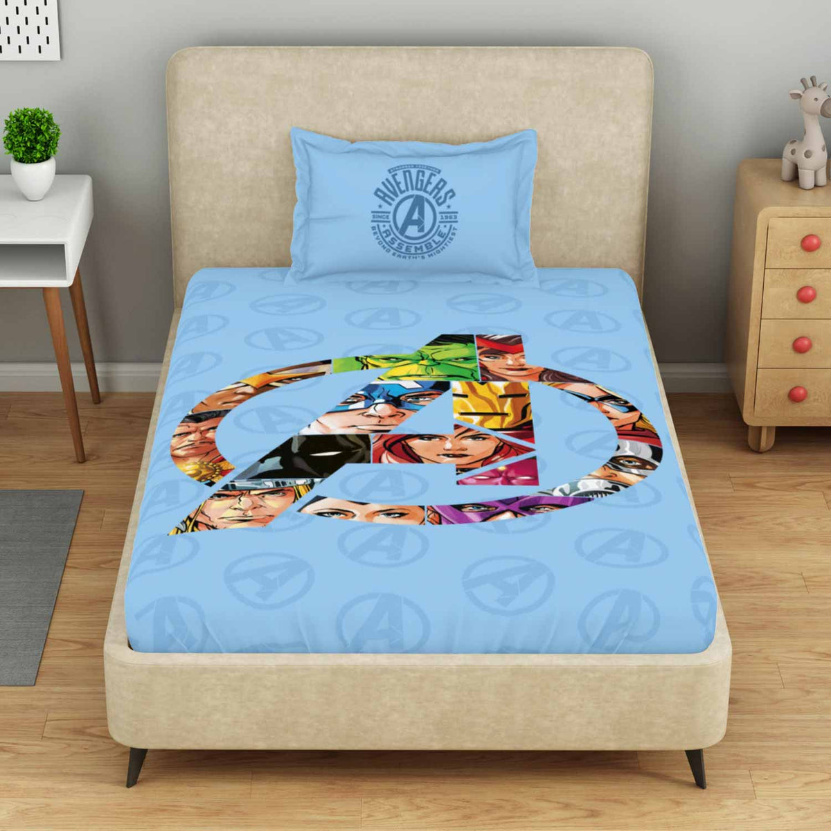 Spaces Marvel Avengers 100% Cotton 132 TC Kids Single Bedsheet with 1 Pillow Cover - 152 x 224 cm, Light Blue