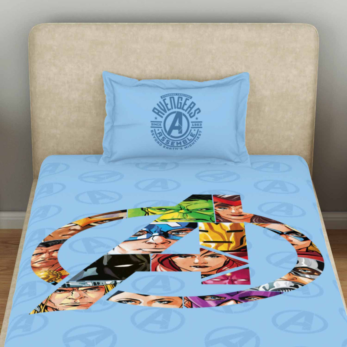 Spaces Marvel Avengers 100% Cotton 132 TC Kids Single Bedsheet with 1 Pillow Cover - 152 x 224 cm, Light Blue