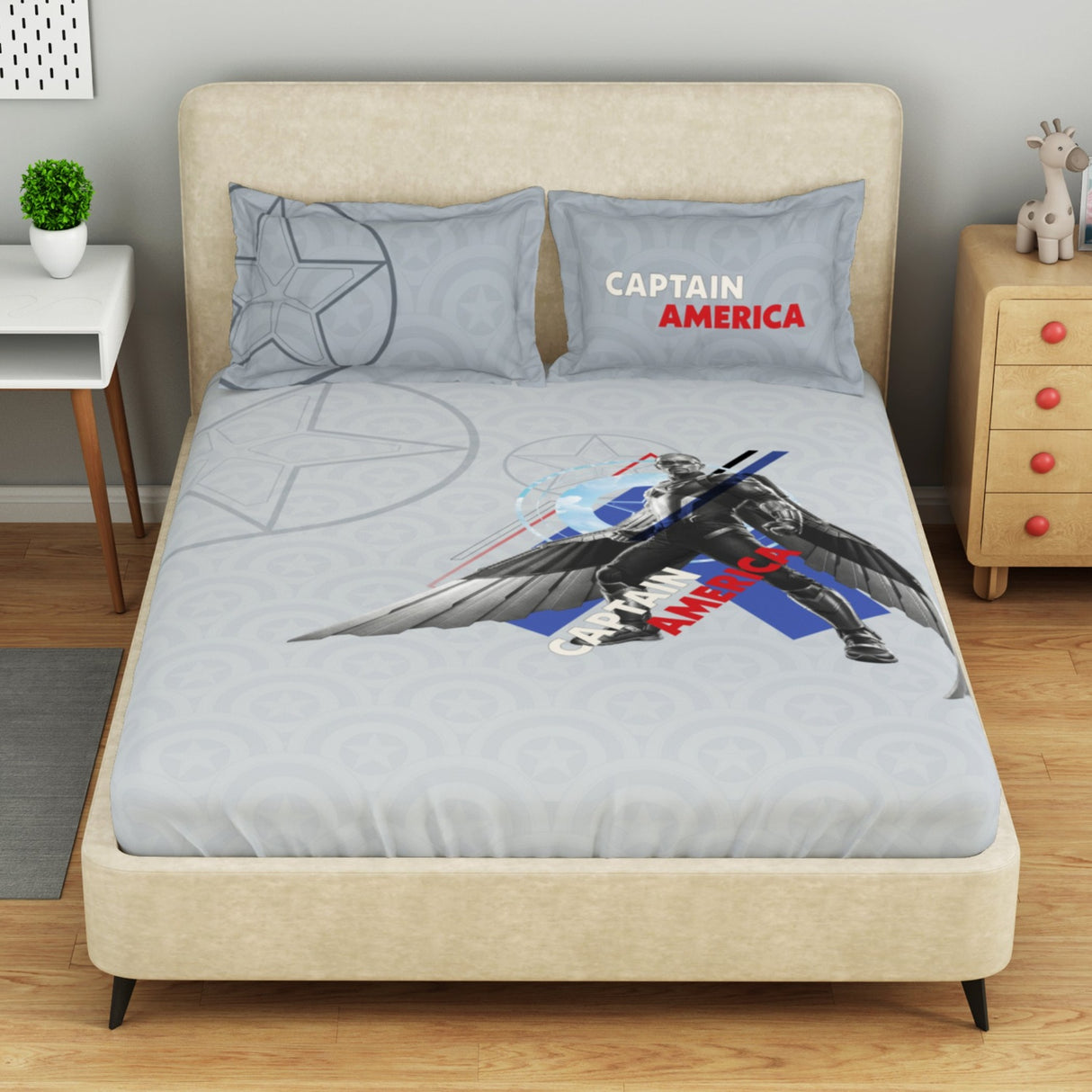 Spaces Marvel Captain America 100% Cotton 132 TC Kids Double Bedsheet with 2 Pillow Covers - 274 x 274 cm, Light Grey