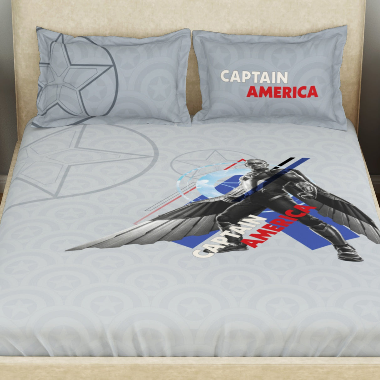 Spaces Marvel Captain America 100% Cotton 132 TC Kids Double Bedsheet with 2 Pillow Covers - 274 x 274 cm, Light Grey