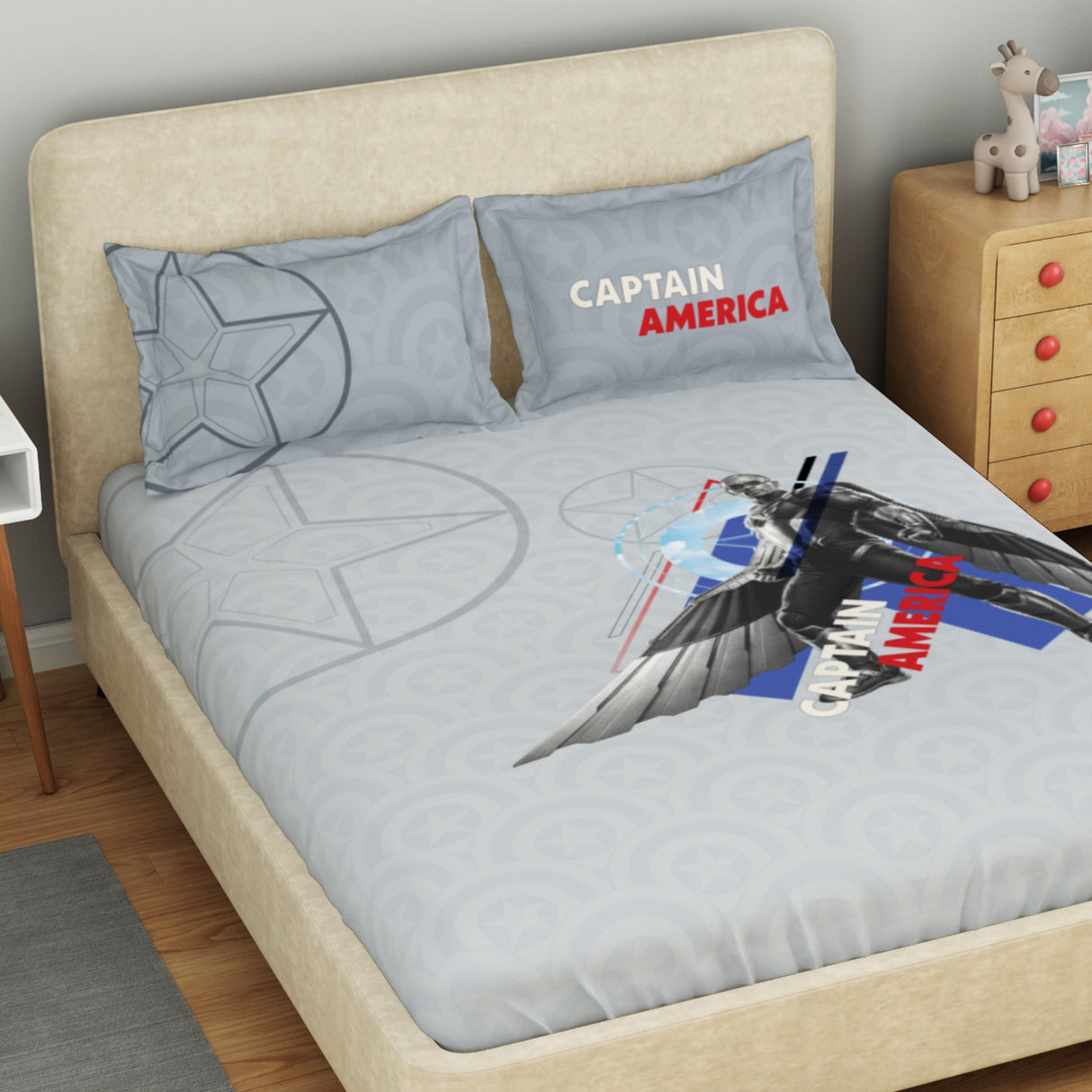 Spaces Marvel Captain America 100% Cotton 132 TC Kids Double Bedsheet with 2 Pillow Covers - 274 x 274 cm, Light Grey