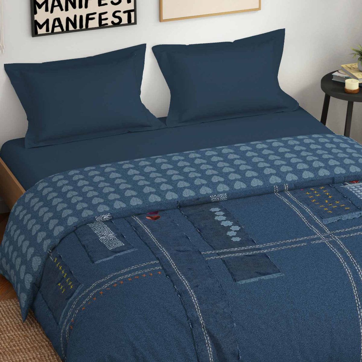 Spaces Genez 100% Cotton 180 TC Printed Double Quilt - 88 x 106 Inches, Light Blue