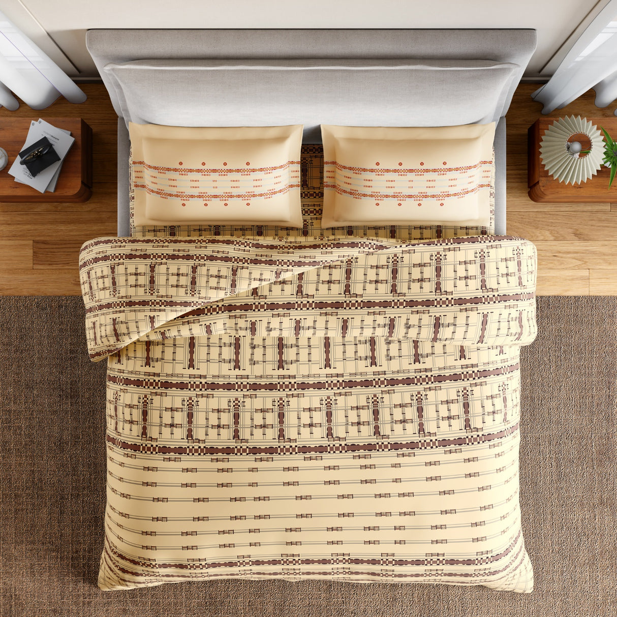 Spaces Essentials Geometric 100% Cotton 144 TC Double Bedsheet with 2 Pillow Covers - 274 x 274 cm, Beige