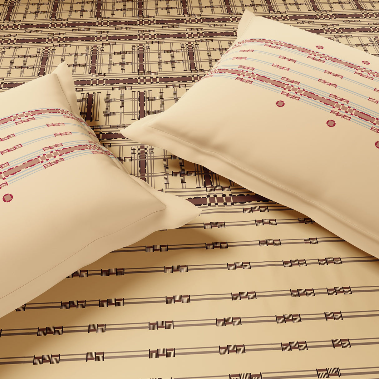 Spaces Essentials Geometric 100% Cotton 144 TC Double Bedsheet with 2 Pillow Covers - 274 x 274 cm, Beige