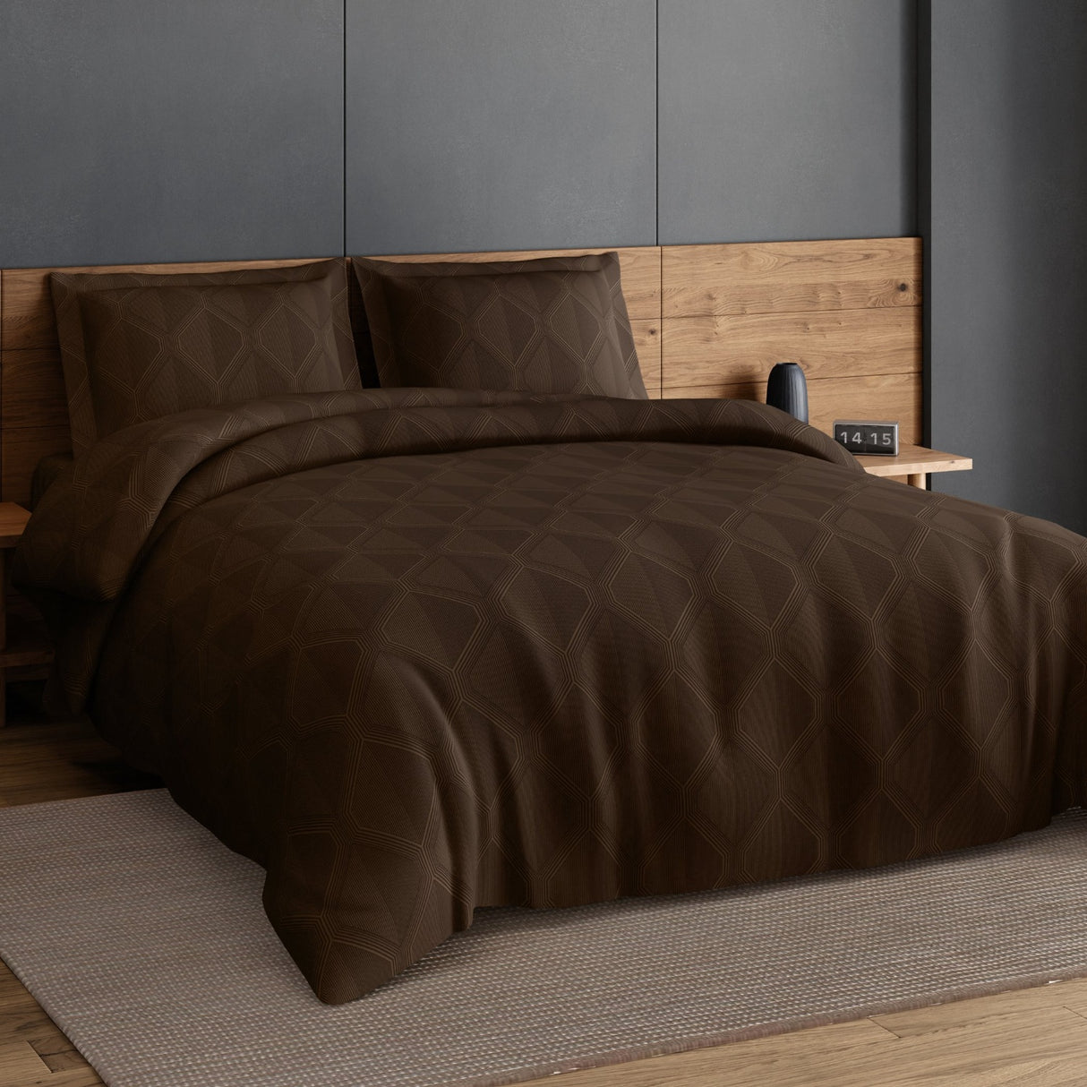 Spaces Elegance Selora Geometric 100% Cotton 300 TC Double Bedsheet with 2 Pillow Covers - 274 x 274 cm, Dark Brown