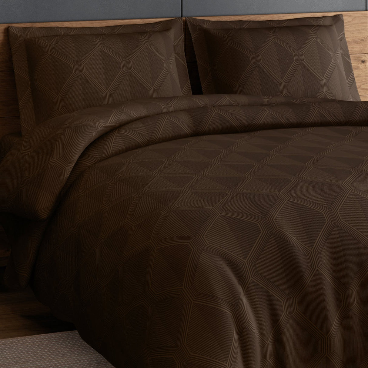 Spaces Elegance Selora Geometric 100% Cotton 300 TC Double Bedsheet with 2 Pillow Covers - 274 x 274 cm, Dark Brown