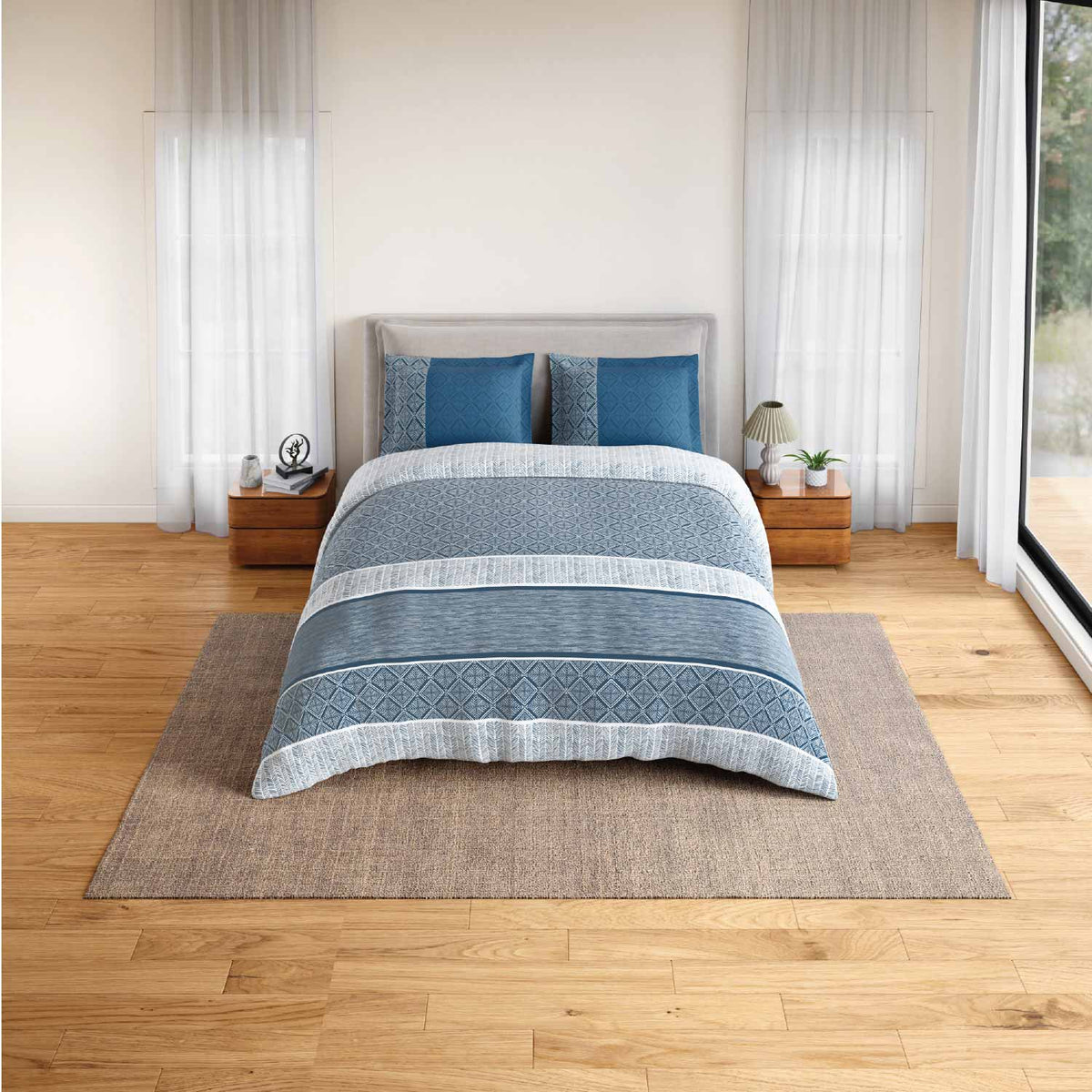 Spaces Fiora 100% Cotton 144 TC Percale Geometric Large Bedsheet with 2 Pillow Covers - 274 x 274 cm, Dark Blue