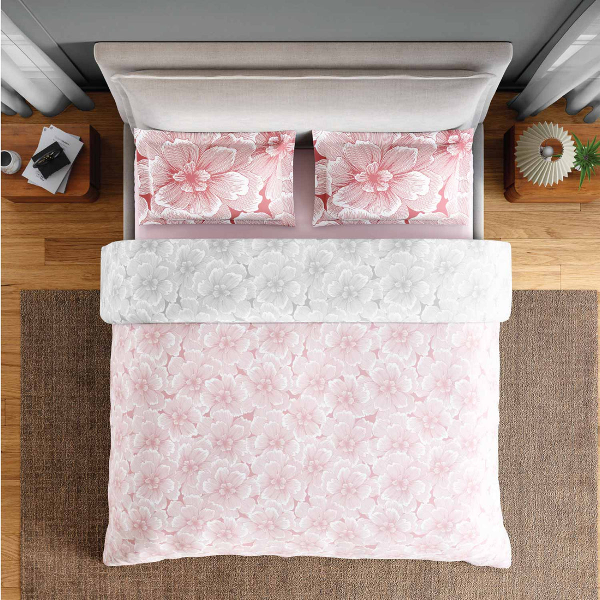 Spaces Fiora 100% Cotton 144 TC Percale Fioral Large Bedsheet with 2 Pillow Covers - 274 x 274 cm, Blush
