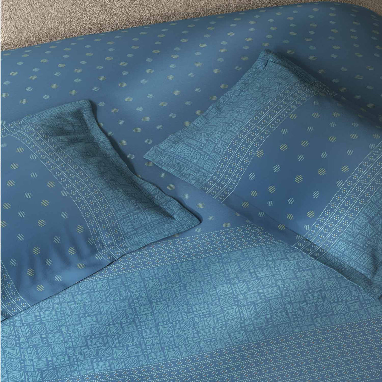 Spaces Fiora 100% Cotton 144 TC Percale Ornate Large Bedsheet with 2 Pillow Covers - 274 x 274 cm, Blue