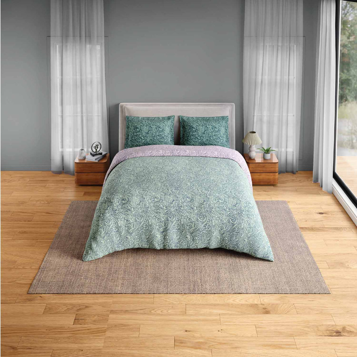 Spaces Fiora 100% Cotton 144 TC Percale Fioral Double Bedsheet with 2 Pillow Covers - 228 x 274 cm, Light Green