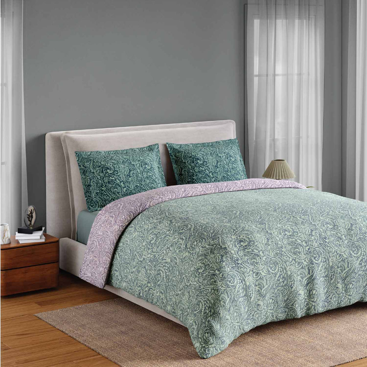 Spaces Fiora 100% Cotton 144 TC Percale Fioral Double Bedsheet with 2 Pillow Covers - 228 x 274 cm, Light Green