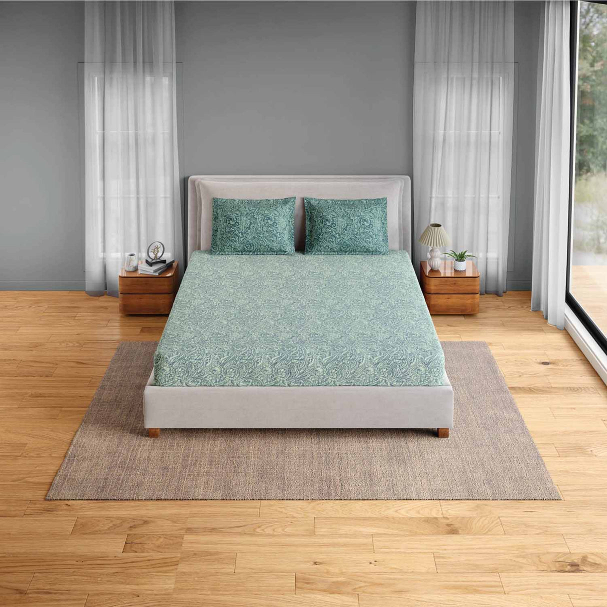 Spaces Fiora 100% Cotton 144 TC Percale Fioral Double Bedsheet with 2 Pillow Covers - 228 x 274 cm, Light Green