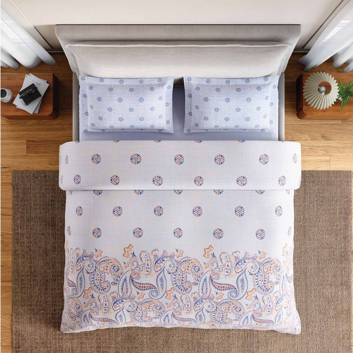 Spaces Fiora 100% Cotton 144 TC Percale Ornate Double Bedsheet with 2 Pillow Covers - 228 x 274 cm, Orange