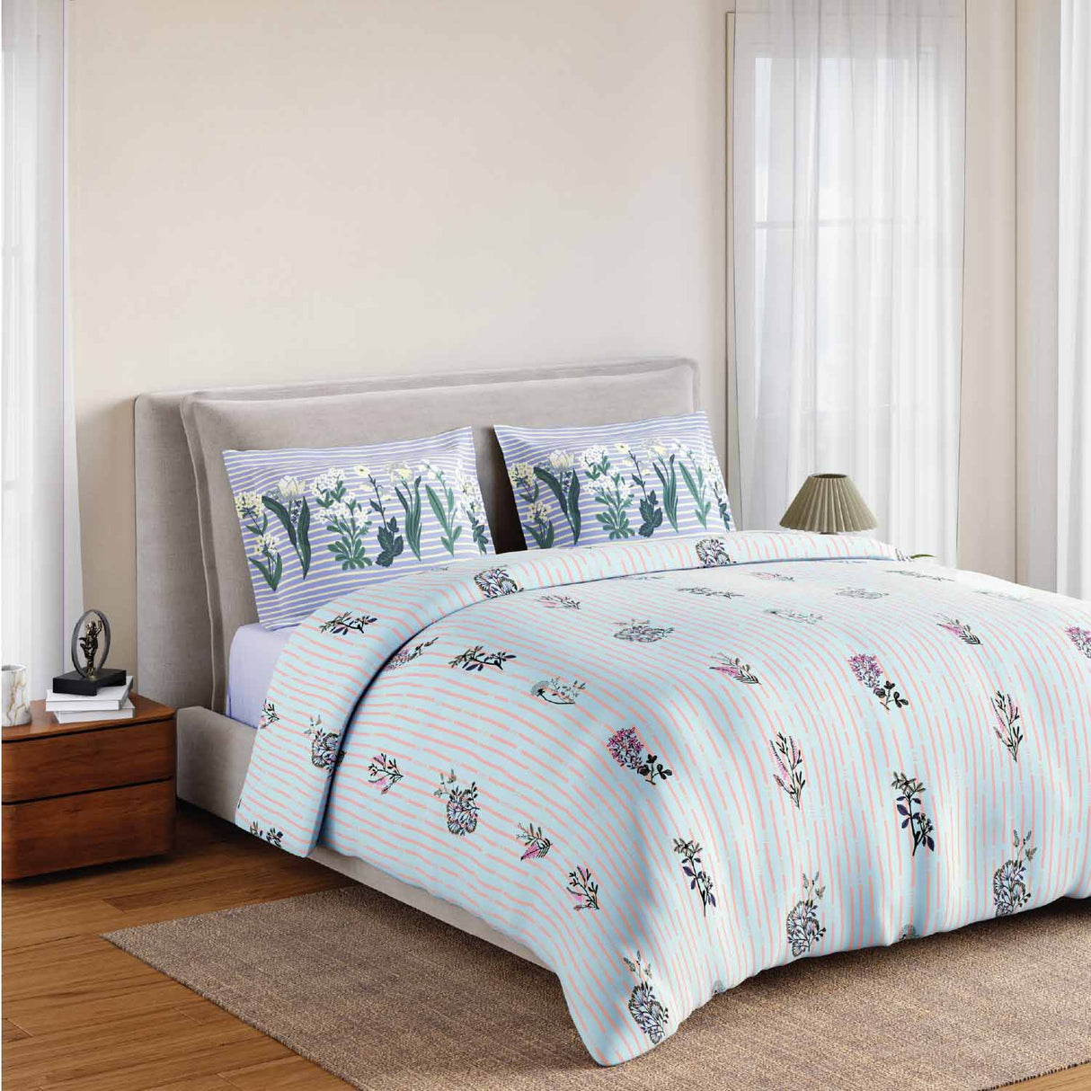 Spaces Fiora 100% Cotton 144 TC Percale Fioral Double Bedsheet with 2 Pillow Covers - 228 x 274 cm, Light Blue