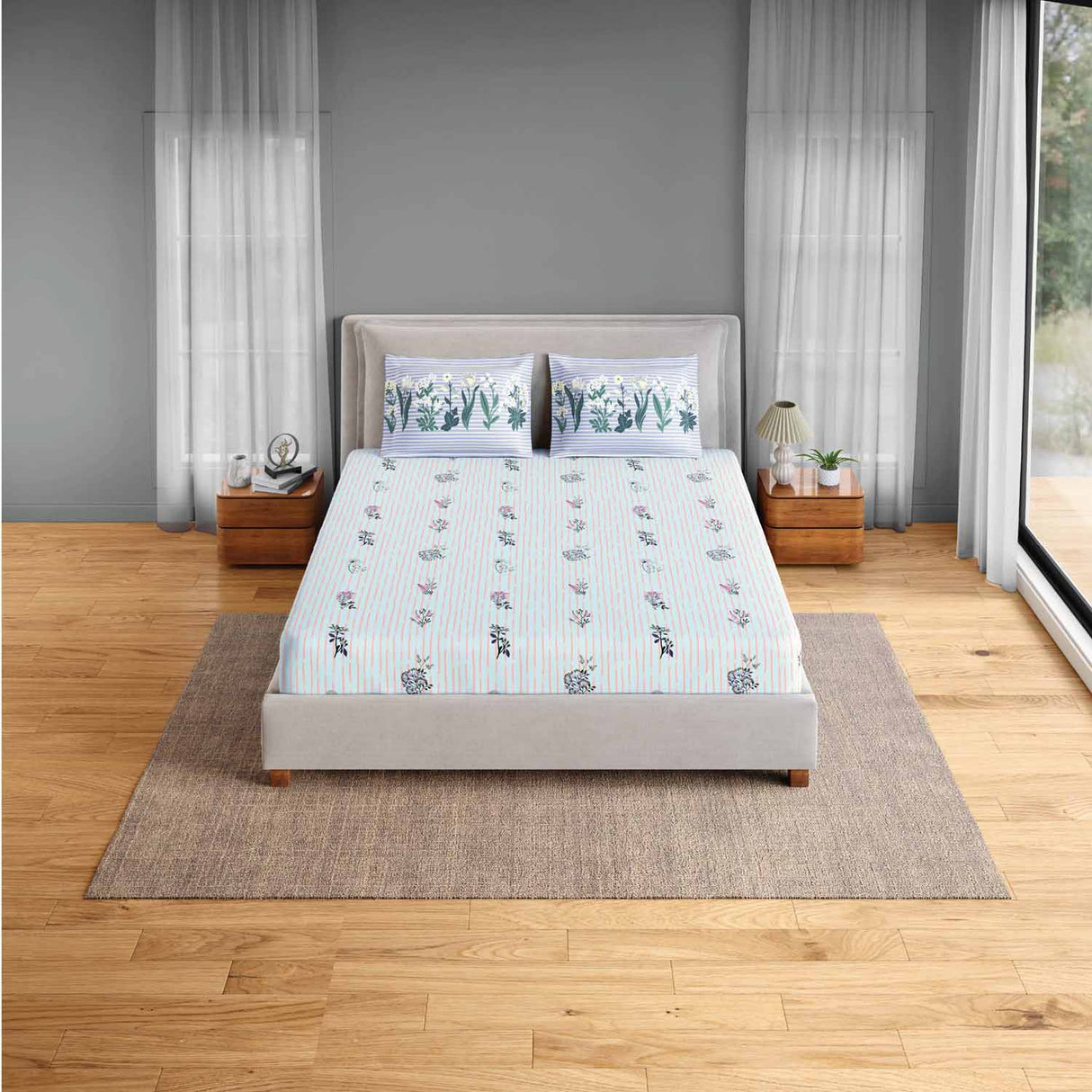 Spaces Fiora 100% Cotton 144 TC Percale Fioral Double Bedsheet with 2 Pillow Covers - 228 x 274 cm, Light Blue