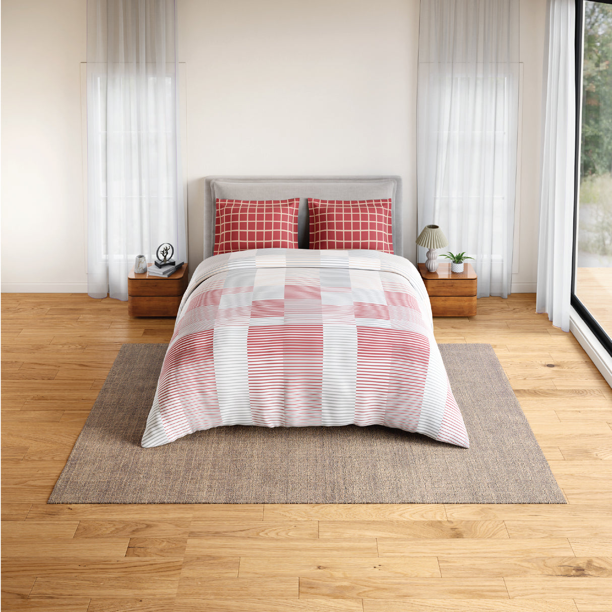 Spaces Fiora 100% Cotton 144 TC Percale Geometric Double Bedsheet with 2 Pillow Covers - 228 x 274 cm, Dark Pink