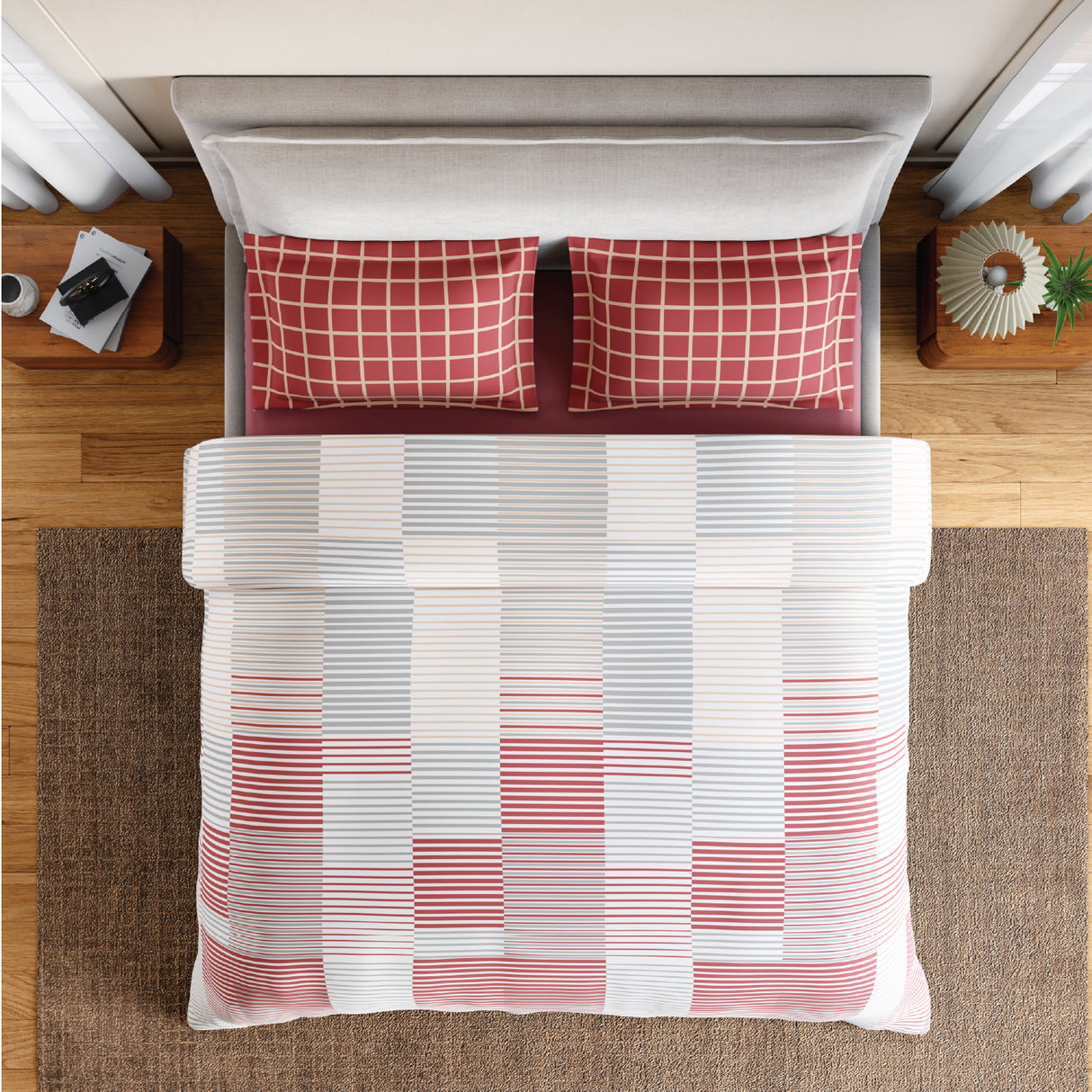 Spaces Fiora 100% Cotton 144 TC Percale Geometric Double Bedsheet with 2 Pillow Covers - 228 x 274 cm, Dark Pink