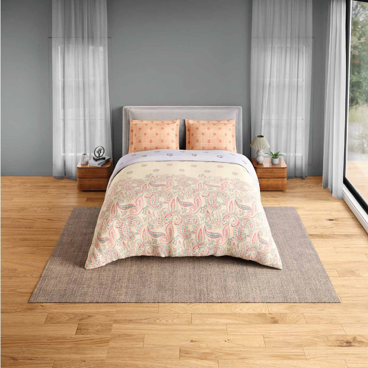 Spaces Fiora 100% Cotton 144 TC Percale Ornate Double Bedsheet with 2 Pillow Covers - 228 x 274 cm, Light Yellow
