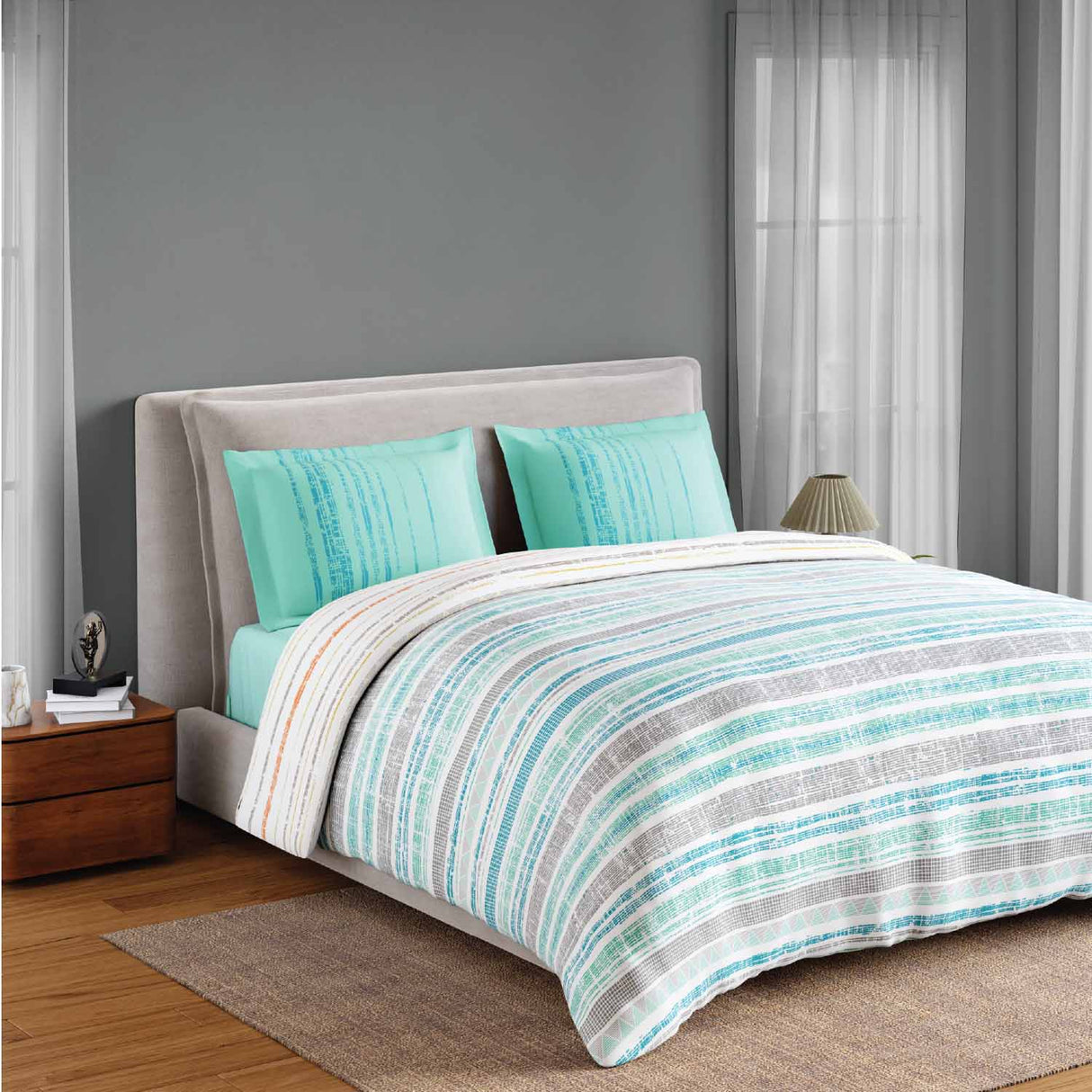 Spaces Fiora 100% Cotton 144 TC Percale Geometric Double Bedsheet with 2 Pillow Covers - 228 x 274 cm, Aqua