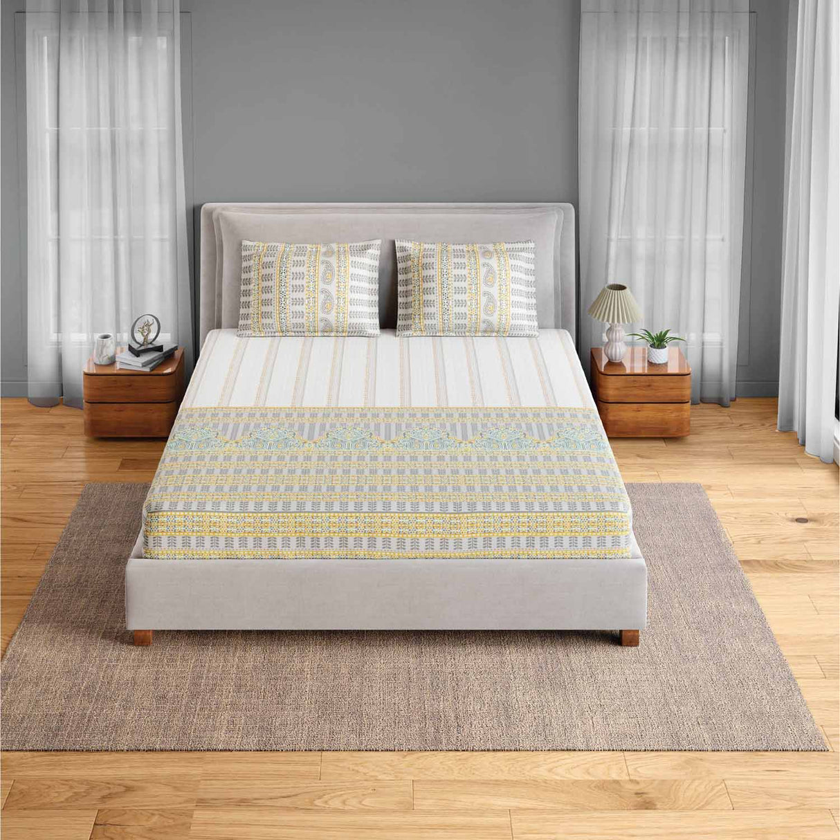 Spaces Fiora 100% Cotton 144 TC Percale Ornate Double Bedsheet with 2 Pillow Covers - 228 x 274 cm, Light Grey