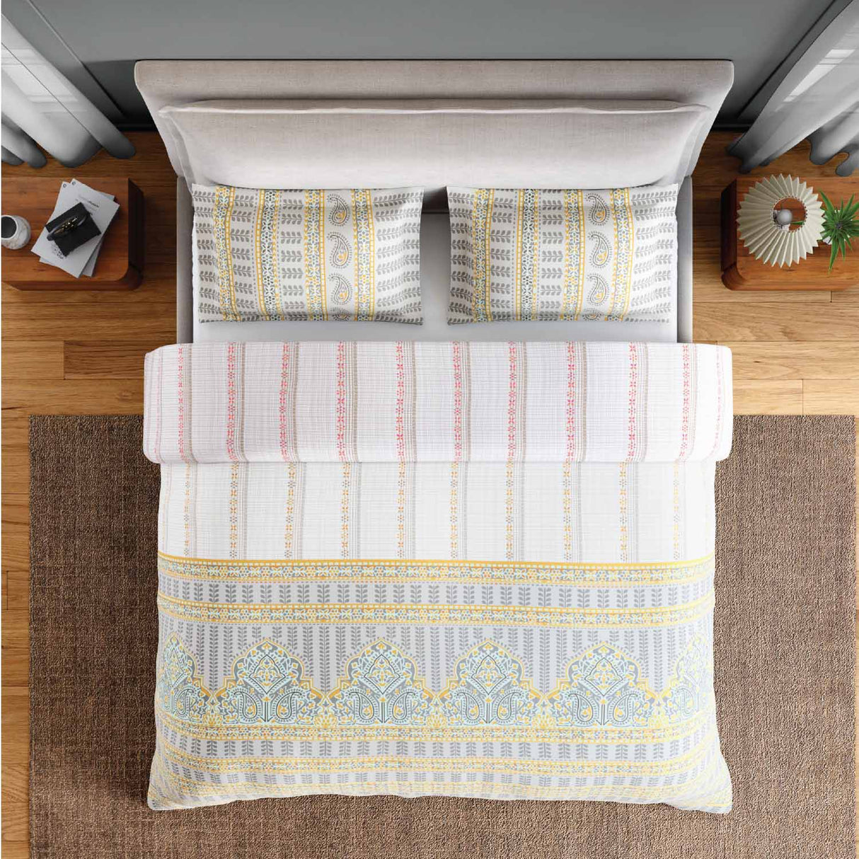 Spaces Fiora 100% Cotton 144 TC Percale Ornate Double Bedsheet with 2 Pillow Covers - 228 x 274 cm, Light Grey