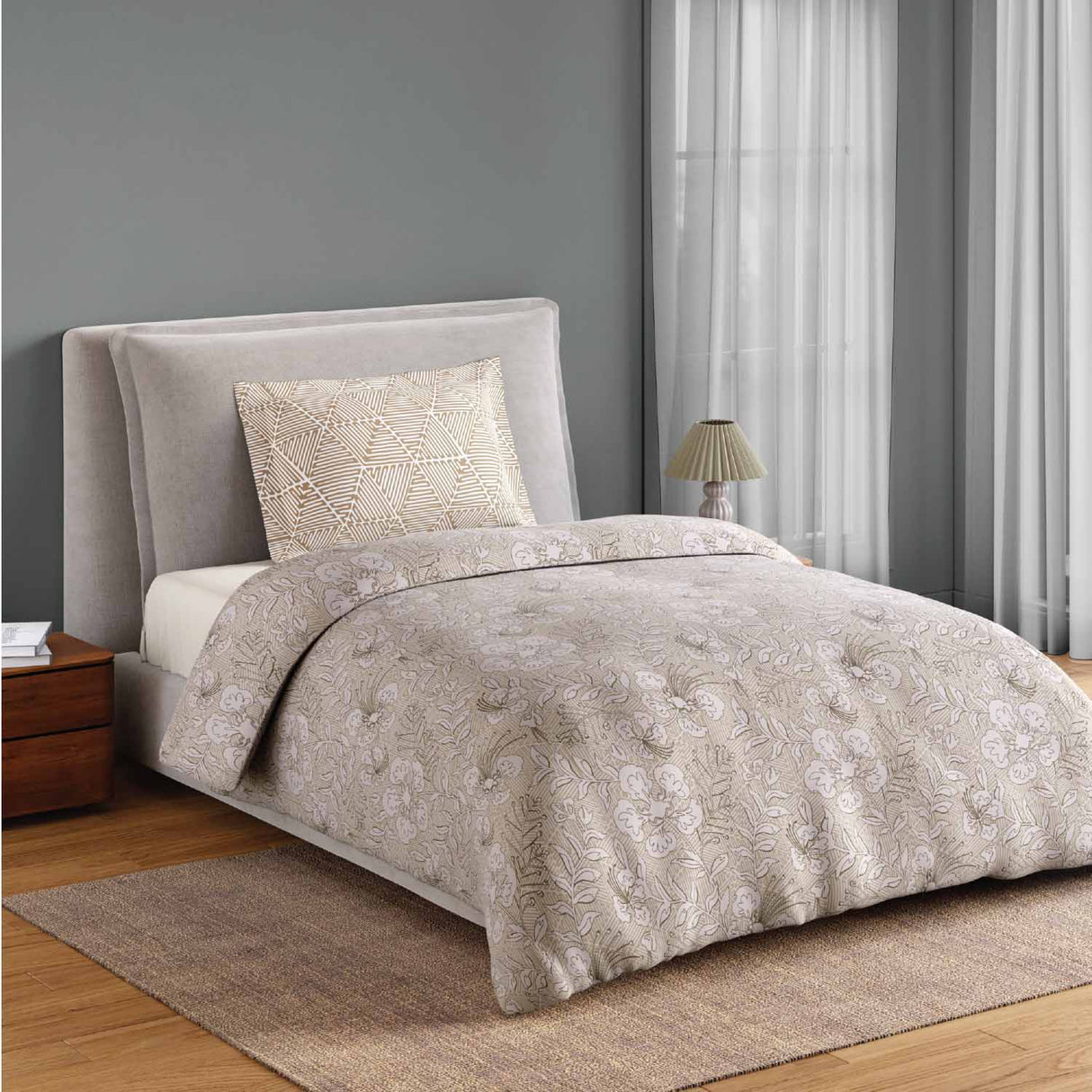Spaces Fiora 100% Cotton 144 TC Percale Fioral Single Bedsheet with 1 Pillow Cover - 152 x 224 cm, Beige