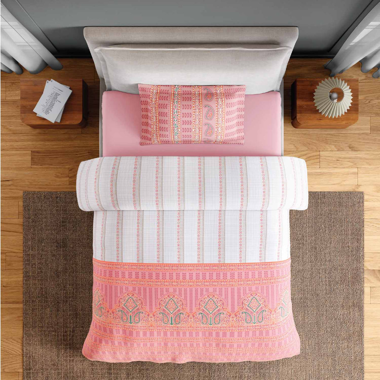 Spaces Fiora 100% Cotton 144 TC Percale Ornate Single Bedsheet with 1 Pillow Cover - 152 x 224 cm, Pink