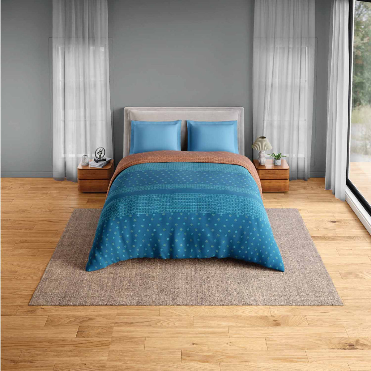 Spaces Fiora 100% Cotton 144 TC Ornate Double Quilt - 88 x 106 Inches, Blue