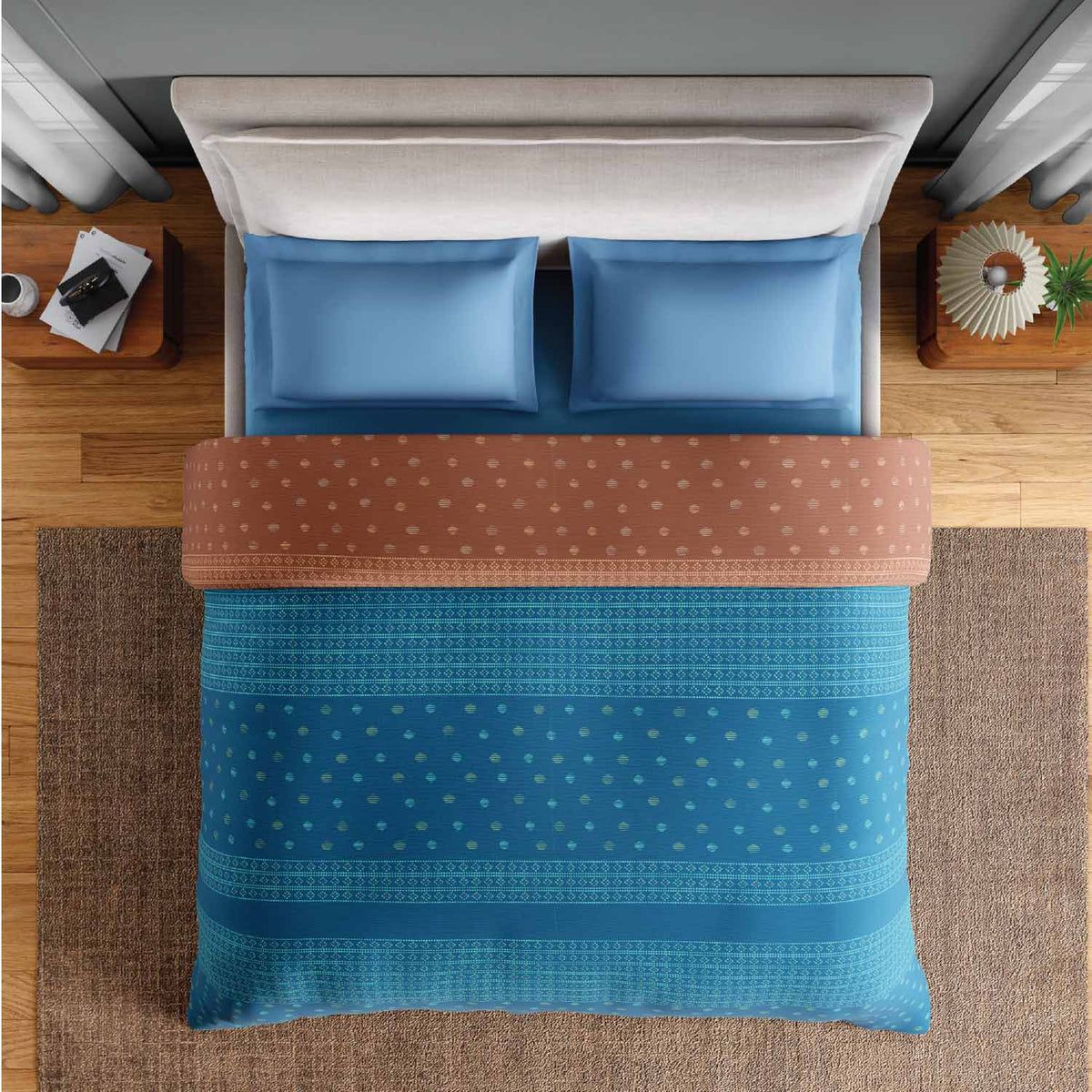 Spaces Fiora 100% Cotton 144 TC Ornate Double Quilt - 88 x 106 Inches, Blue