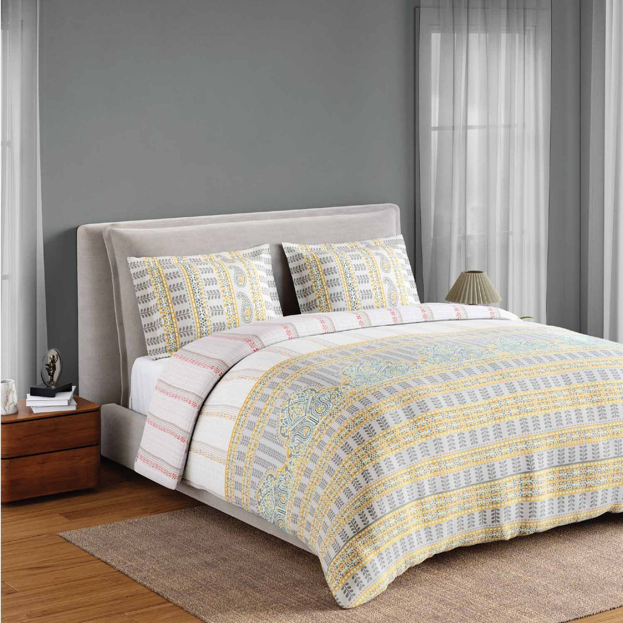 Spaces Fiora 100% Cotton 144 TC Ornate Fitted King Bedsheet with 2 Pillow Covers - 72 x 78 Inches, Light Grey