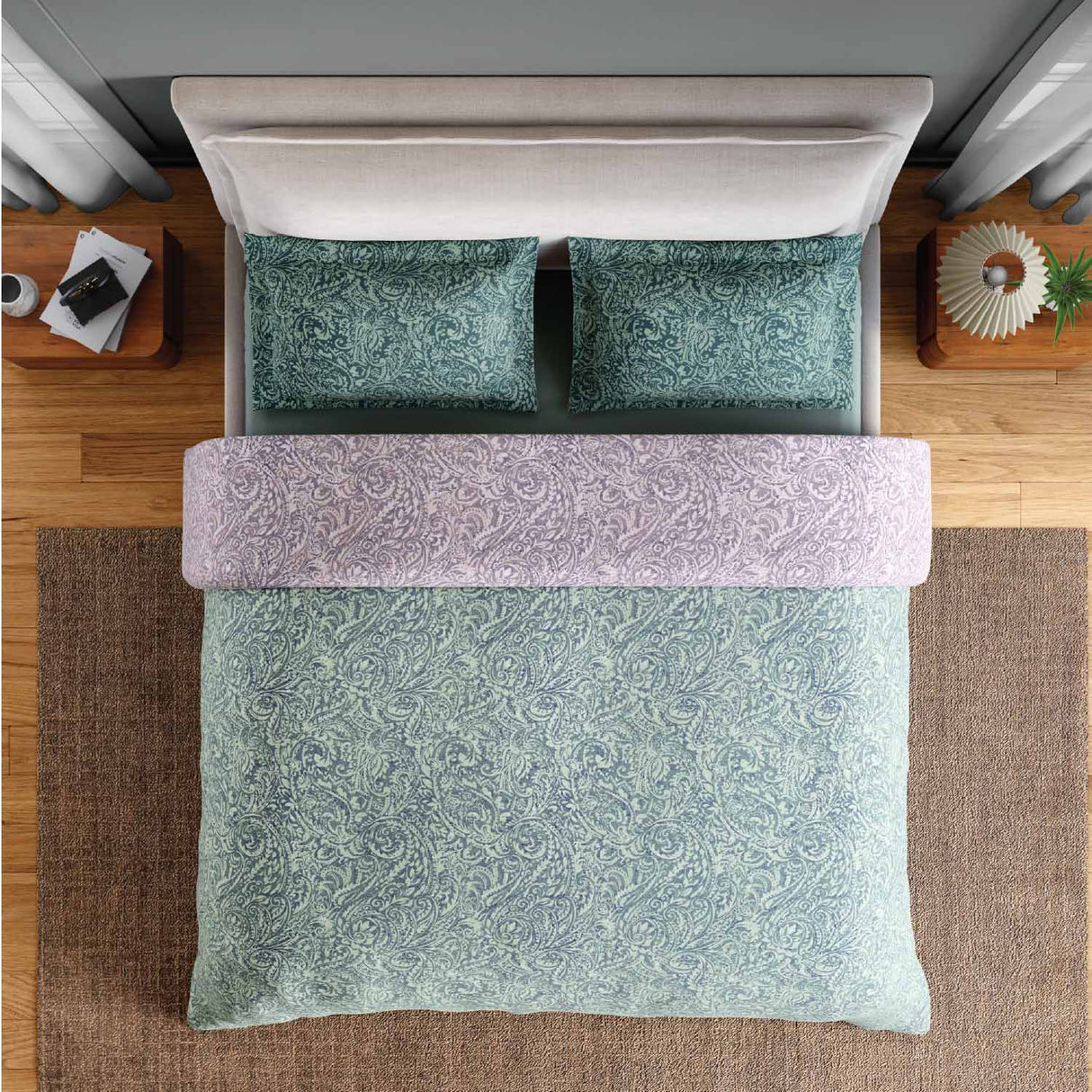 Spaces Fiora 100% Cotton 144 TC Floral Fitted Queen Bedsheet with 2 Pillow Covers - 60 x 78 Inches, Light Green