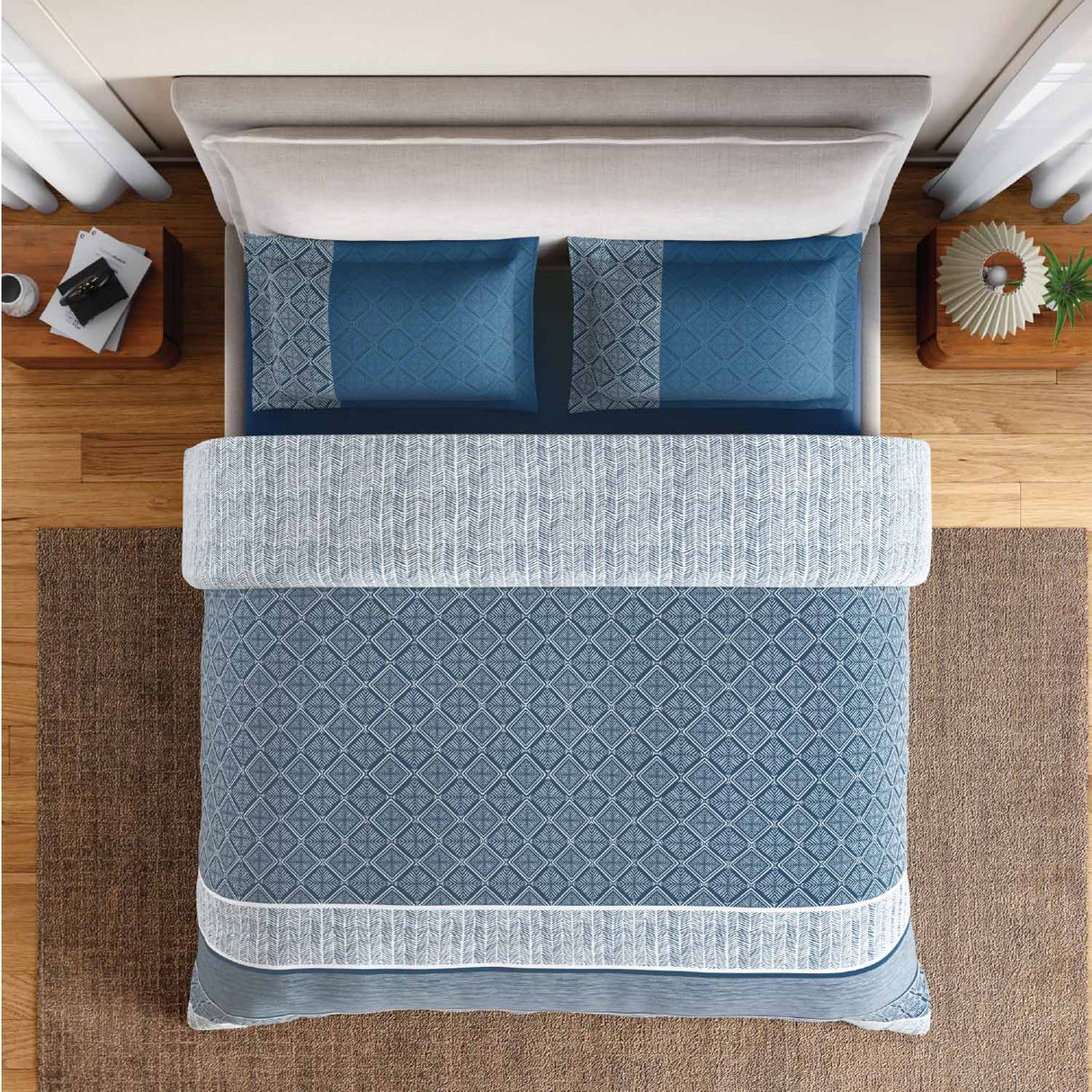 Spaces Fiora 100% Cotton 144 TC Geometric Fitted Queen Bedsheet with 2 Pillow Covers - 60 x 78 Inches, Dark Blue